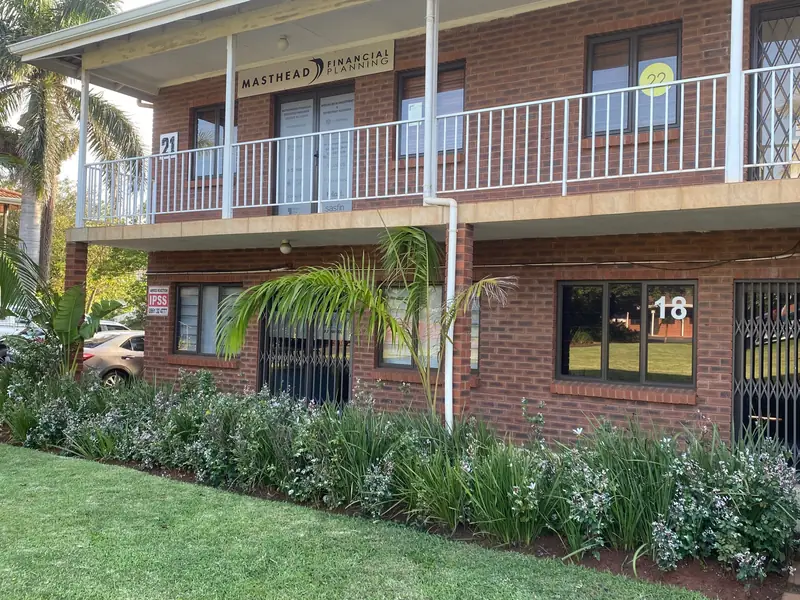 Ground and first-floor offices with a planted garden bed at Rey Park, Ballito